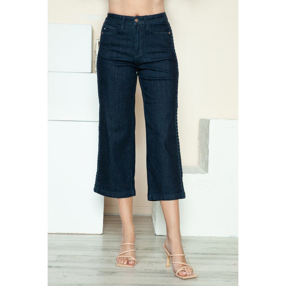 Judy Blue Side Seam Braid Detail Crop Wide Leg Jeans - JB88851 Rise - Size 0/24 - Picture 6 of 6